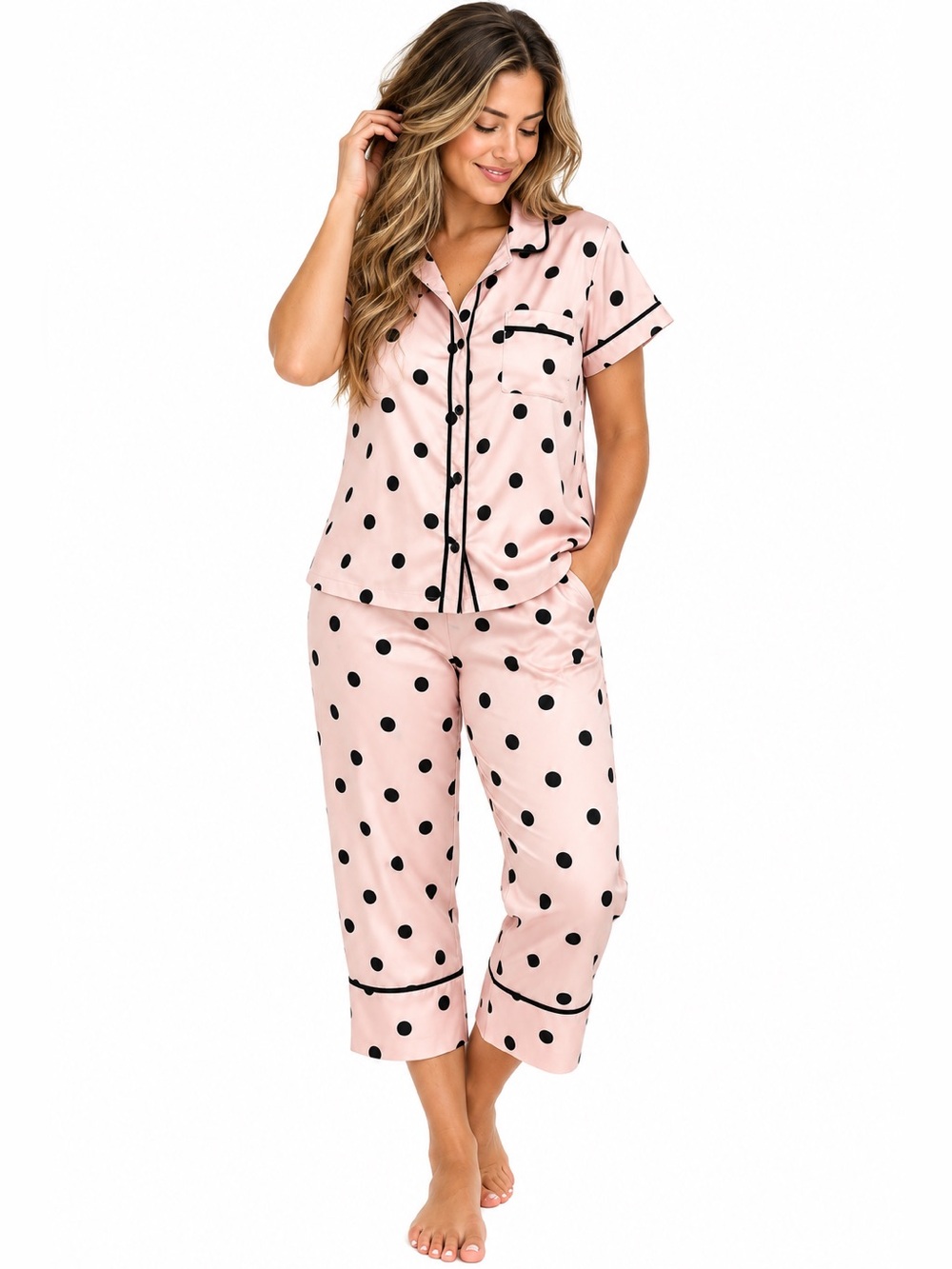 Kate Spade Light Pink & Black Polka Dot Satin Cropped? Pajama Pants Set XL